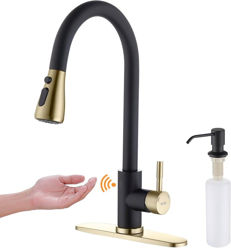 Keer Touchless Kitchen Faucet with Pull Down Sprayer, Motion Sensor Kitchen Faucet with Kitchen Soap Dispenser, Single Handle High Arc Pull Out Faucet for Kitchen Sink,Black and Polished Chrome - Image 1